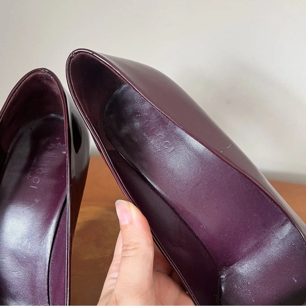 GUCCI • Tile Platform Pumps stiletto heels square toe burgundy patent leather - Picture 4 of 12